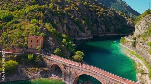 Aerial view of Lago di San Domenico and Eremo in Abruzzo, Italy