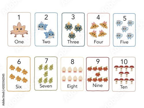 Foto Cute counting flashcards for kids from 1 to 10