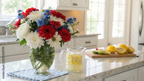 Patriotic flower bouquet kitchen glass vase red white blue 4th july holiday decor on countertop with lemonade pitcher and lemon on cutting board