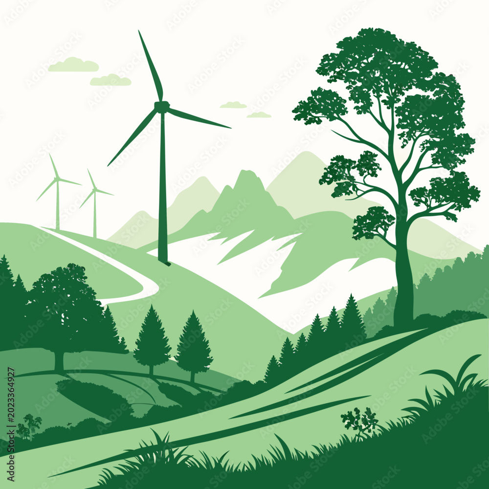 Obraz premium green landscape with wind turbines and mountains vector illustration