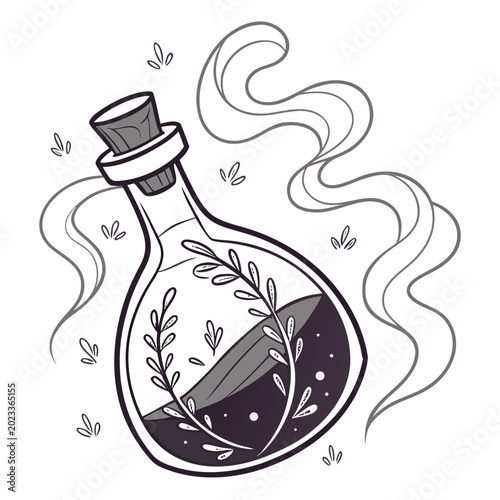 Photos potion bottle illustration with smoke and leaves black and white