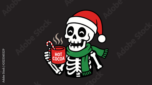 Fotografie Skeleton wearing Santa hat holding cocoa.