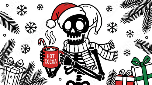 Fotografia Skeleton wearing Santa hat holding mug.