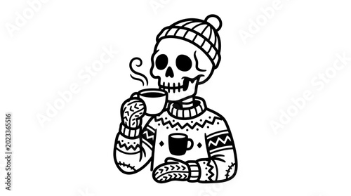 Fotografie Skeleton wearing knit hat sweater.