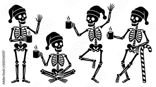 Bild auf Leinwand Skeletons wearing Santa hats holding cups.