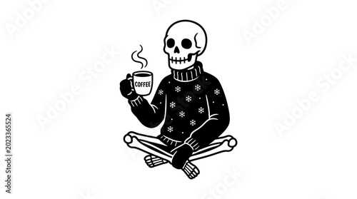 Photos Black and white skeleton holding coffee.