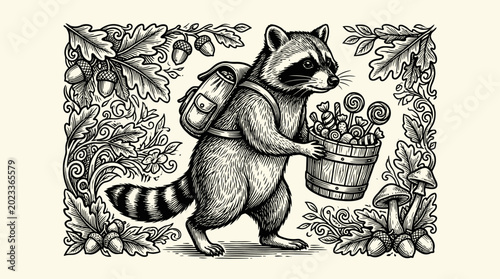 Photography Raccoon carrying a basket of mushrooms.