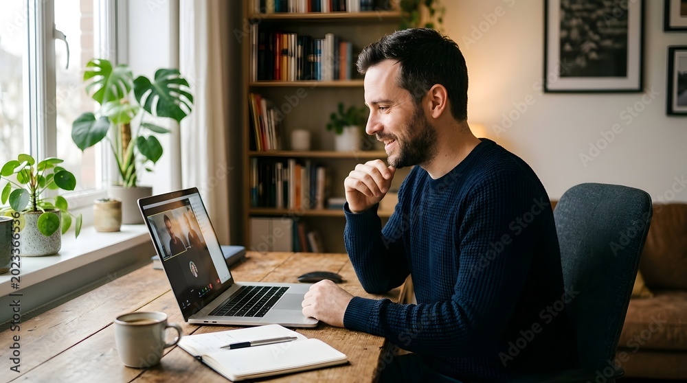 Obraz premium Man working from home on laptop with video call.