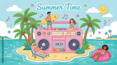 Cute summer beach illustration with tropical island, retro cassette player, palm trees, and happy vacation children