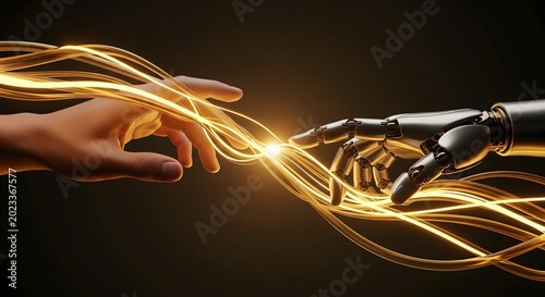A human hand and a robotic hand reach toward each other connected by glowing fiber optic cables in a conceptual digital space.