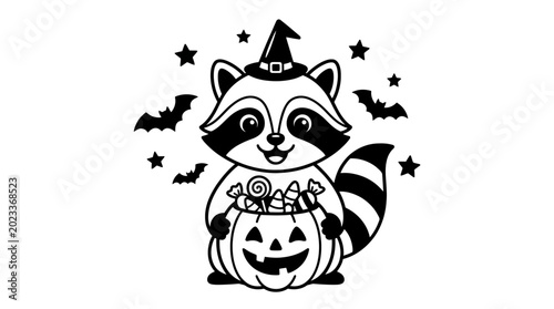 Bild auf Leinwand Raccoon wearing witch hat holding pumpkin.
