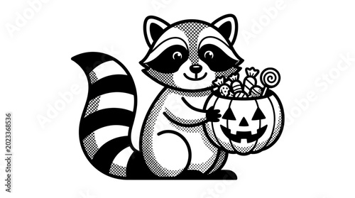 Bild auf Leinwand Raccoon holding carved jack o lantern.