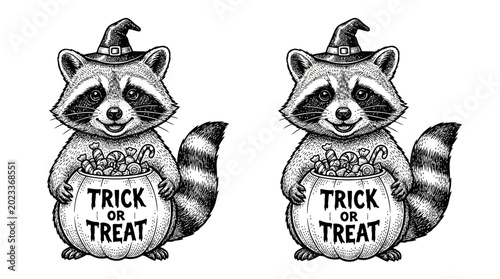 Raccoons wearing witch hats and costumes.