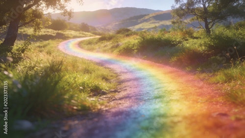Bright Rainbow Resting on Ground Like Curved Path Across Natural Landscape