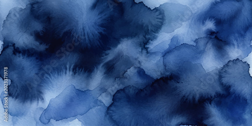 Fotografie An abstract watercolor painting featuring deep blue and indigo hues, creating a mesmerizing pattern of organic shapes and flowing textures that evoke a sense of depth and mystery