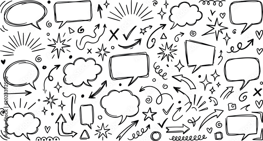 Fototapeta premium Hand drawn speech bubble doodle collection with arrows stars clouds and comic style communication design elements