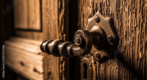 Close-up of an antique door handle with a rustic wooden door.