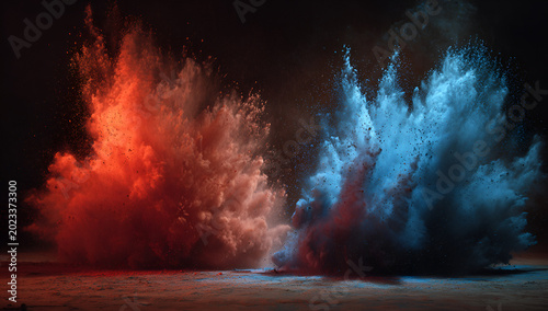Dramatic, abstract depiction of two clouds of powder colliding, one red, one blue, creating an impactful visual