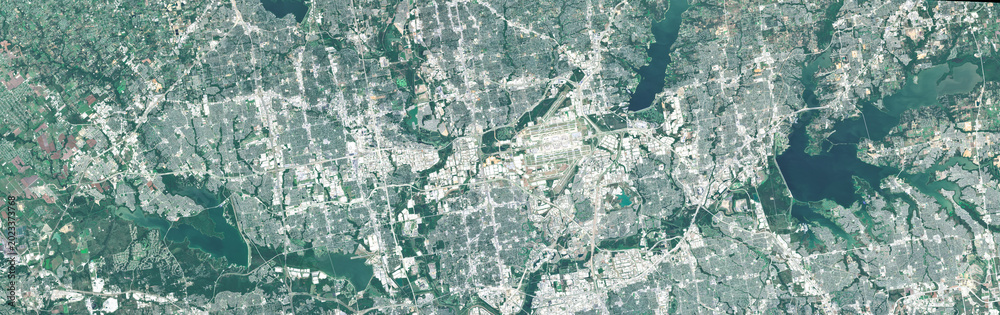 Naklejka premium Dallas Metropolitan Area in the USA Viewed from Space – Urban Sprawl, Highways and City Infrastructure in Satellite Imagery