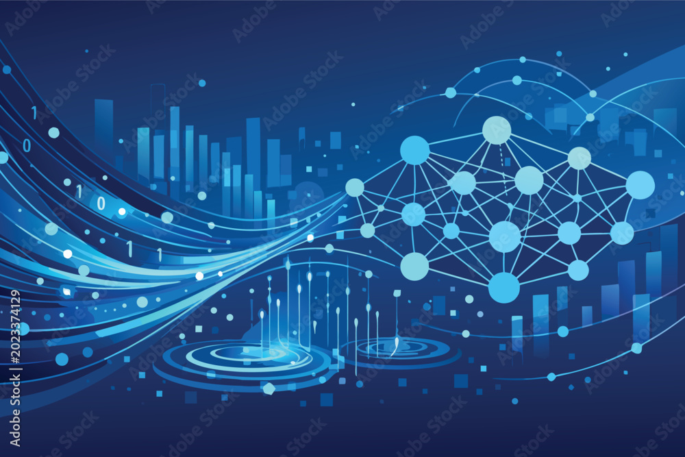 Naklejka premium Abstract AI Data Stream Architecture with Neural Network Connections and Big Data Analytics. Fintech Technology Background for Digital Transformation, Machine Learning, and Cyber Connectivity.