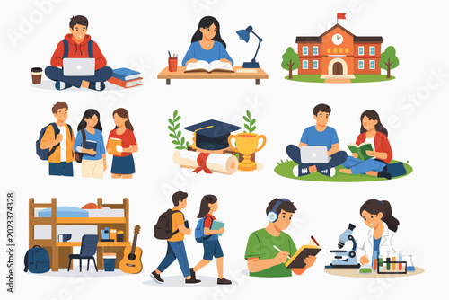 College Life Isolated Cartoon Vector Illustrations Set with Students Studying, University Building, Graduation Cap, Dorm Room, Science Lab, and Campus Activities in Simple Flat Design Style