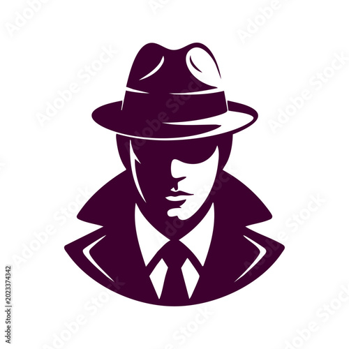 Photography Detective in fedora hat portrait vector emblem, Mysterious undercover spy noir c
