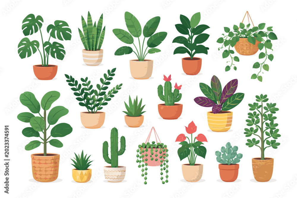 Fototapeta premium Indoor Houseplant Vector Set Featuring Potted Tropical Plants, Cacti, and Succulents for Home Decor; Botanical Collection with Monstera, Snake Plant, Fiddle Leaf Fig, and Hanging Pothos Foliage.