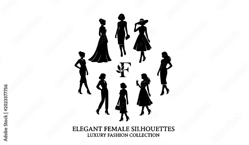 Obraz premium Elegant Girl Vector Set Fashion Women Silhouette Illustration Collection