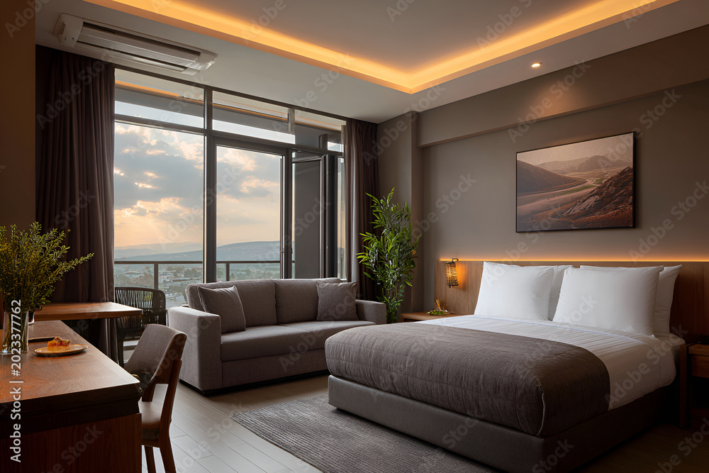 Fototapeta premium A modern hotel room featuring a king-size bed, sofa, and floor-to-ceiling windows with a scenic view
