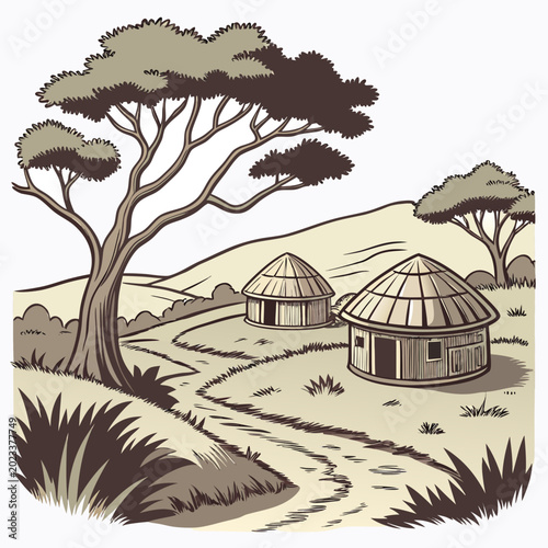 Foto african village with thatched huts and trees woodcut style illustration