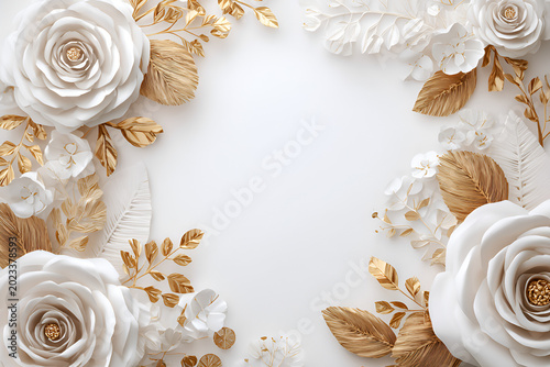 A delicate floral arrangement, featuring intricately crafted white and gold paper blossoms. Elegant leaves and petals create a graceful frame