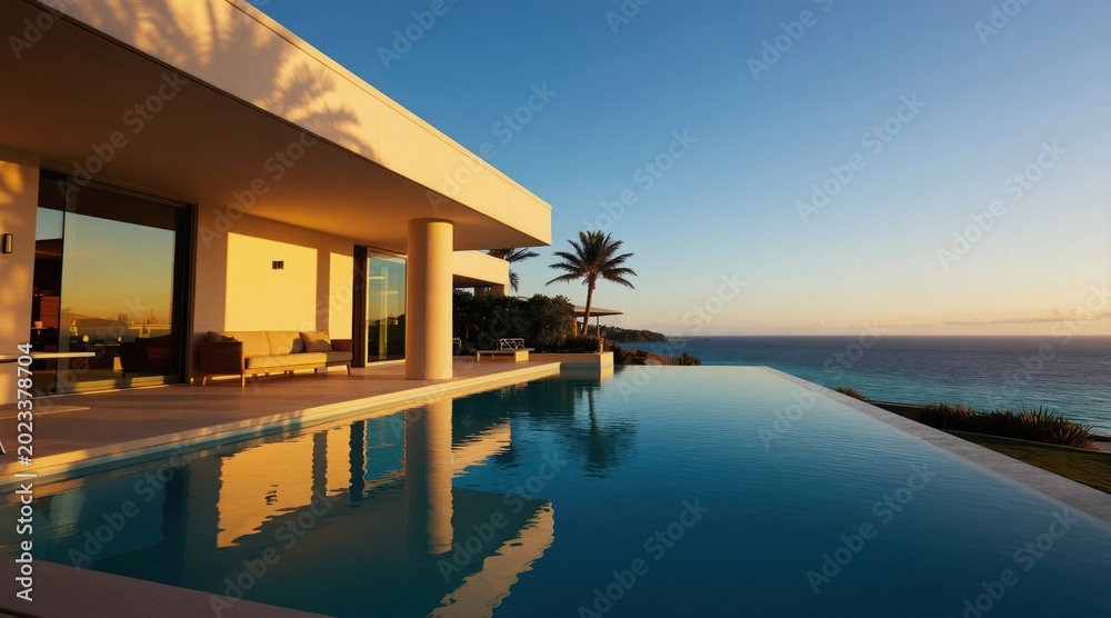 Fototapeta premium Luxury modern villa with infinity pool at sunset overlooking ocean. Palm trees and serene sea vista create peaceful tropical vacation setting. Elegant terrace provides stunning sunset views.