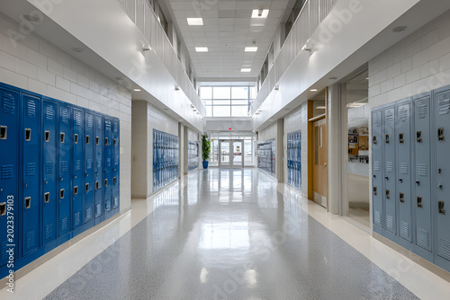 A bright school hallway with blue lockers on both sides, leading towards a door with natural light