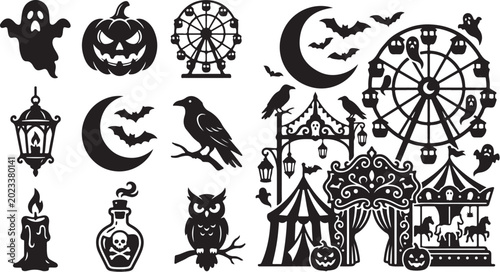 Halloween carnival icons and spooky night illustrations set
