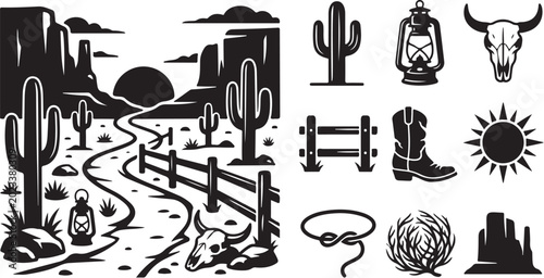 Western Desert Landscape with Cowboy Icons and Symbols