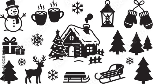 Winter Holiday Icons and Symbols in Black Silhouette