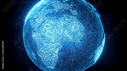 Digital earth globe animation showing interconnected circuit board pattern glowing in cyberspace environment for global communication and network technology data.