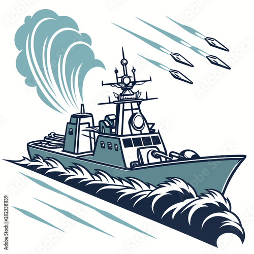 Εκτύπωση καμβά military destroyer ship illustration with waves and smoke