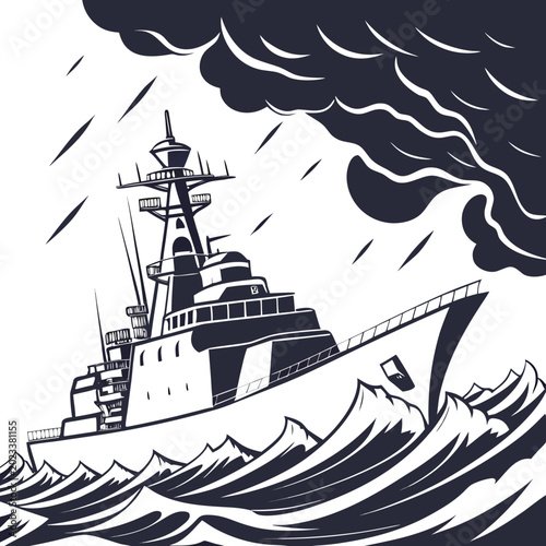 Schilderij op canvas Naval destroyer ship illustration with stormy seas and clouds