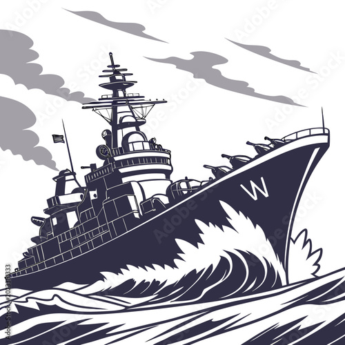 Fotografie battleship illustration with waves navy vessel in stylized graphic style