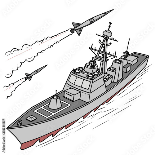 Photos naval destroyer with missiles illustration gray and red tones