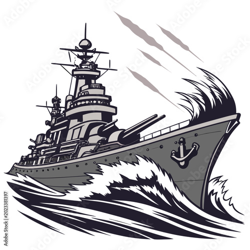 Foto battleship at sea gray and white vector illustration with waves