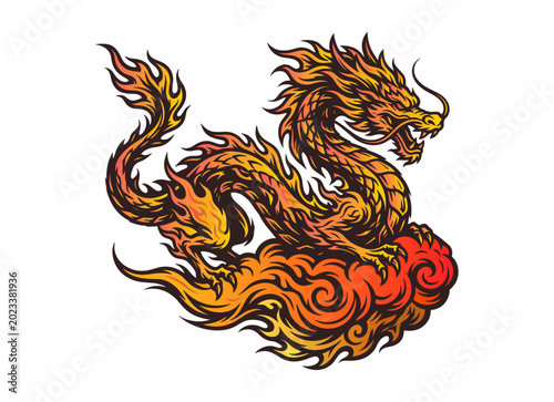 fire dragon riding a burning cloud vector illustration.