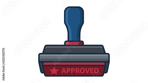 3d rubber stamp icon with approved mark in blue and red colors featuring bold text and star symbol suitable for certification approval and official documentation graphics