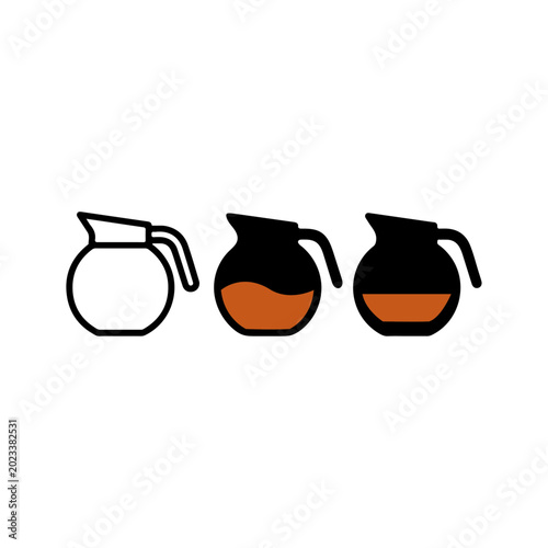 Coffee pot glass carafe icon set with different liquid levels isolated on white background