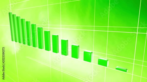 Dynamic three dimensional bar chart animation shows growth and success with upward trending arrow on green background motion graphics footage.