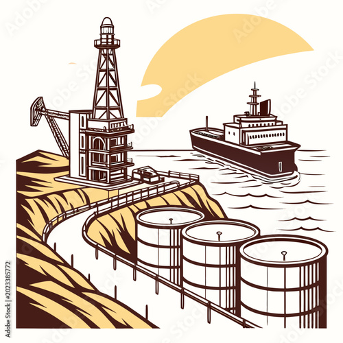 Tableau sur toile oil rig and tanker ship landscape industrial illustration in retro style