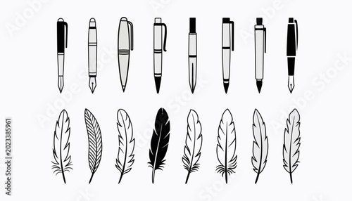 Obraz na płótnie Black and white of pens and feathers writing instruments stationery vector illus