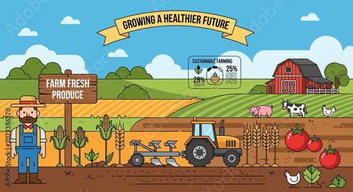 Foto Healthy Future Farming: Tractor Plows Field, Farmer, Produce, Livestock, Barn