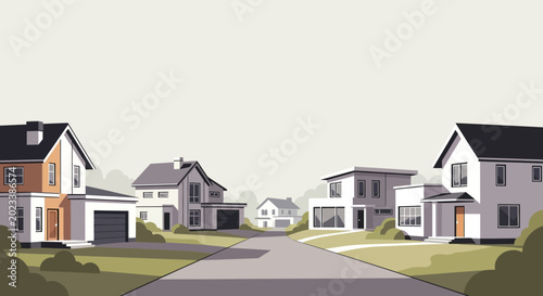 Foto Suburban street with modern houses, garages, and green lawns, residential neighborhood